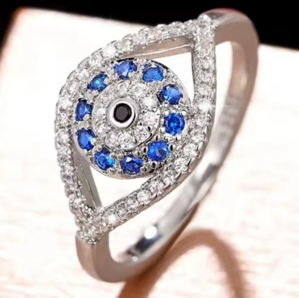 Elegant Silvery and Blue Evil Eye Ring Sz 9